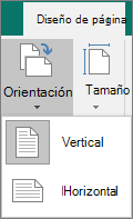 Pestaña Diseño de página con orientación seleccionada y opciones de Vertical u Horizontal.