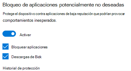 El control de bloqueo de aplicaciones potencialmente no deseado de Windows 10.