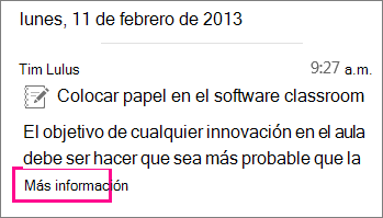 Captura de pantalla de MI de artículo contraído con el indicador Obtener más información resaltado