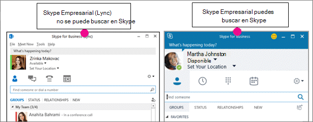 Comparación en paralelo de la página de contactos de Skype Empresarial y la página Skype Empresarial (Lync)
