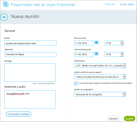 Pantalla Programador web, en la que debe proporcionar los detalles de la reunión y agregar a los invitados
