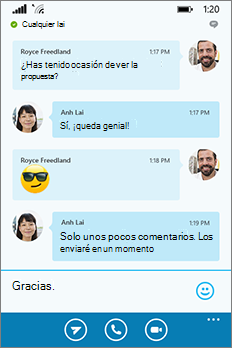 Nueva apariencia de Skype Empresarial para Windows Phone -- Ventana de conversación