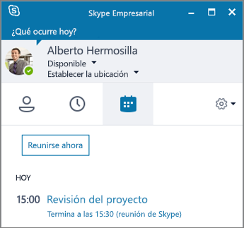 Captura de pantalla de la pestaña Reuniones de la ventana Skype Empresarial.