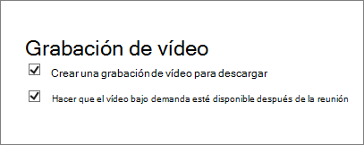 Captura de pantalla de la casilla Habilitar grabación de la reunión en la página Detalles de la reunión. Esta casilla se activa de forma predeterminada.