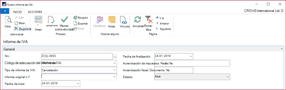 Captura de pantalla de un nuevo informe de IVA