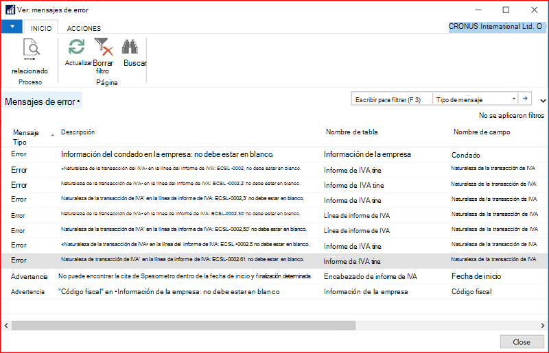 Captura de pantalla de la ventana Mensajes de error