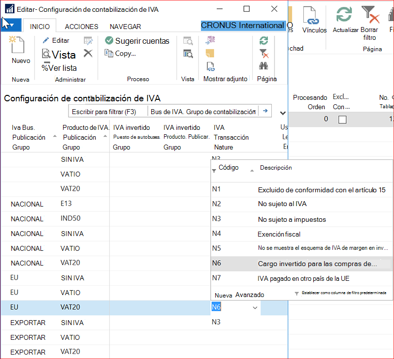 Captura de pantalla de la ventana Configuración de contabilización de IVA