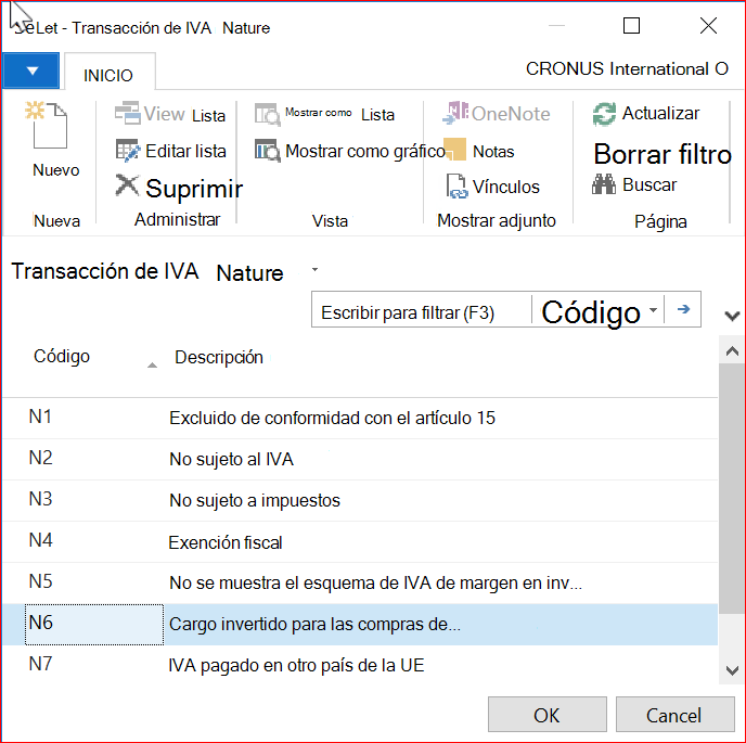 Captura de pantalla de la ventana Naturaleza de transacción de IVA