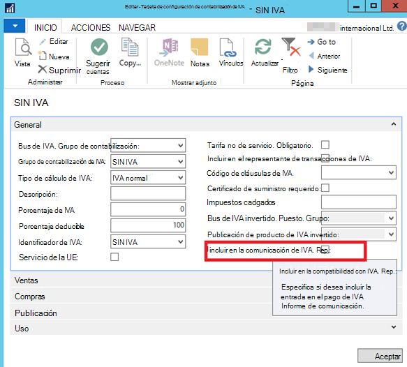 Captura de pantalla de la edición de una tarjeta de configuración de contabilización de IVA