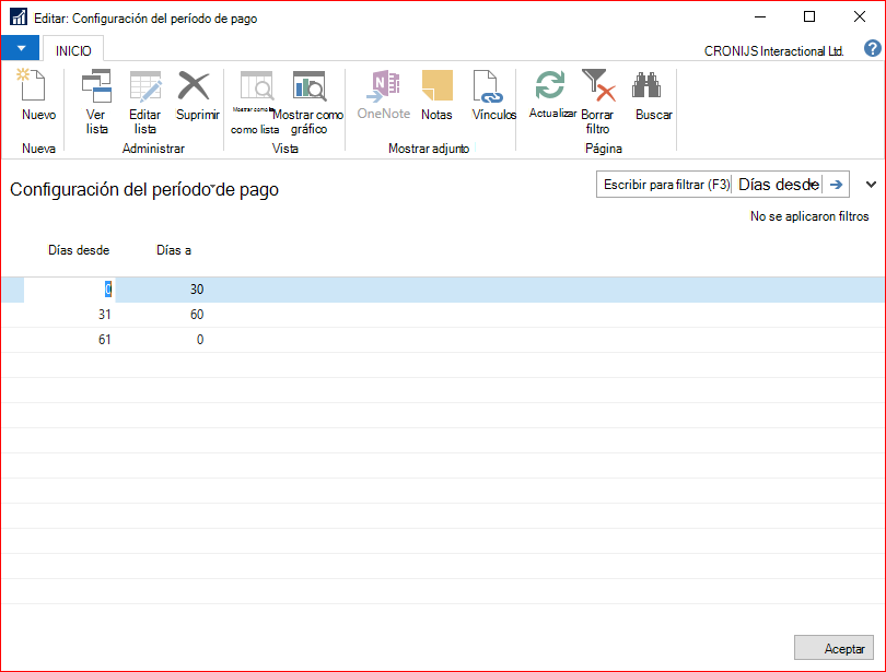 Captura de pantalla de la configuración del período de pago