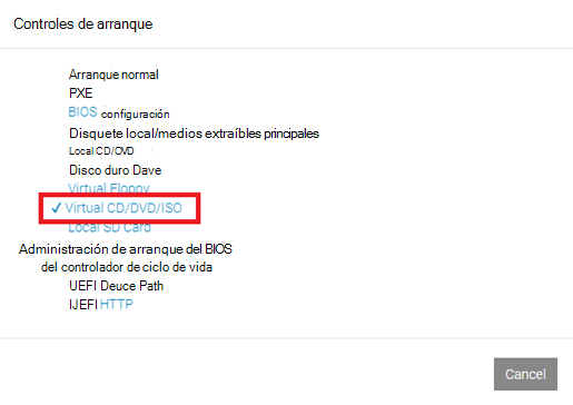 Captura de pantalla de la ventana Controles de arranque con la opción CD/DVD/ISO virtual resaltada.
