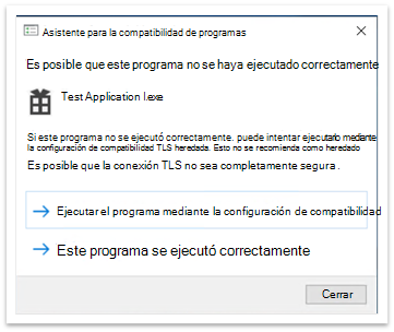 Ventana emergente del Asistente para compatibilidad de programas después de cerrar la aplicación