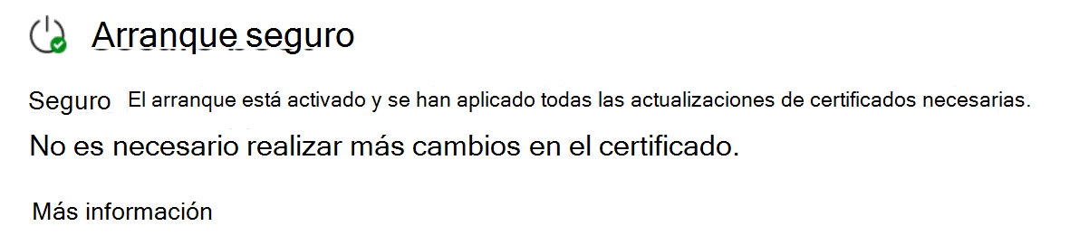 La sección Arranque seguro que muestra el estado completamente actualizado con un icono de marca de verificación verde.
