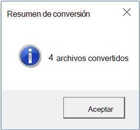 captura de pantalla del cuadro de diálogo de resumen de conversiones