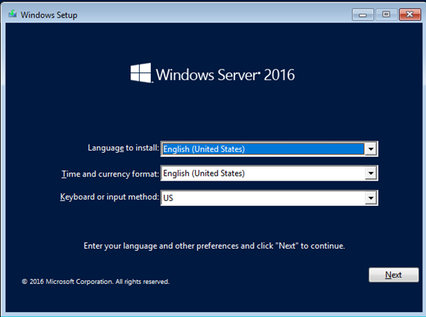 Captura de pantalla del programa de instalación de Windows de Windows Server 2016.