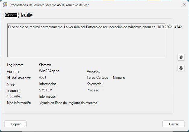 WinRE Event Properties