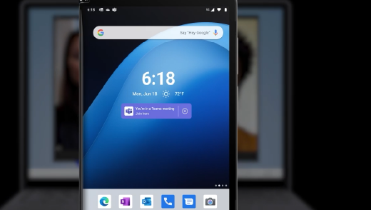 Vínculo Unirse aquí en la pantalla principal de Surface Duo para transferir una reunión de Teams