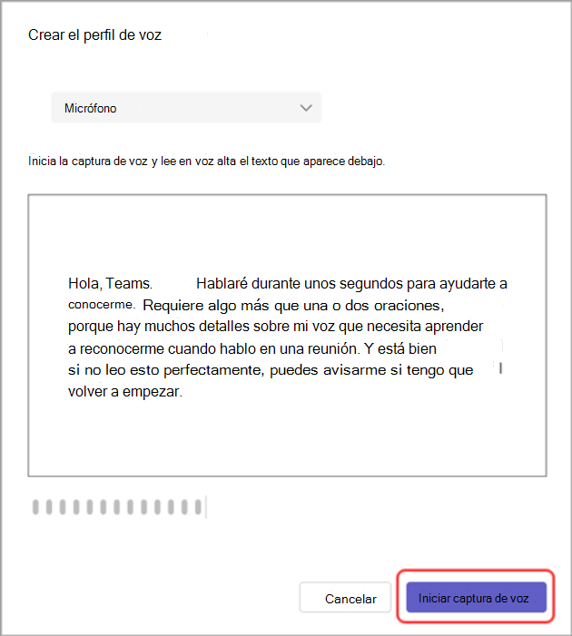 Captura de pantalla del cuadro de diálogo Crear perfil de voz con el botón Iniciar captura de voz resaltado.
