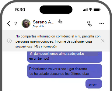 Captura de pantalla del banner: no comparta información confidencial ni su pantalla con personas que no conozca. Informe de cualquier cosa sospechosa.