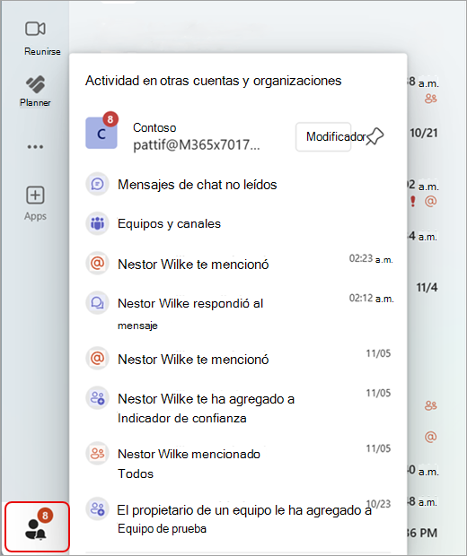 Captura de pantalla que muestra la actividad de Teams en varias cuentas y organizaciones.