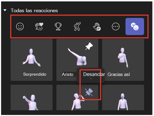 Interfaz de usuario de reacciones y desanclaje en la aplicación Avatar