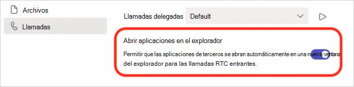 Captura de pantalla de la configuración para activar o desactivar la respuesta de llamadas en la ventana emergente del explorador.