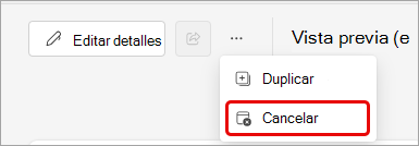 Captura de pantalla de la cancelación de un evento de Teams