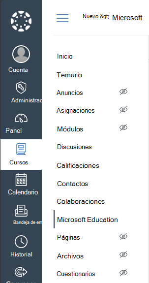 Seleccionar Microsoft Education en el menú de navegación del curso de Canvas