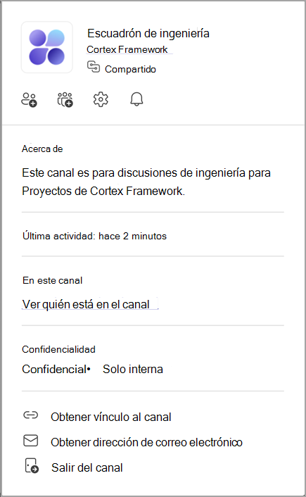Captura de pantalla de una tarjeta de canal. Seleccione el nombre de un canal para ver su tarjeta de canal.