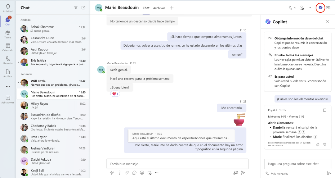 Una vista de Copilot en un chat de Teams