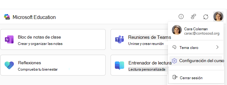 Elemento de menú Configuración del curso