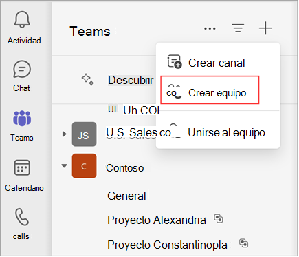 Captura de pantalla de un menú con opciones para crear un canal, crear un equipo o unirse a un equipo. Seleccione Crear equipo para crear un equipo. También muestra una lista de equipos y canales existentes.