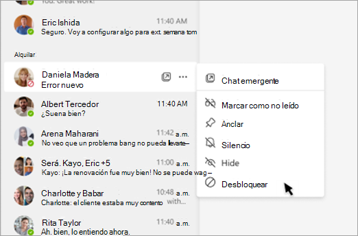 Captura de pantalla que muestra cómo desbloquear a alguien del panel de chat