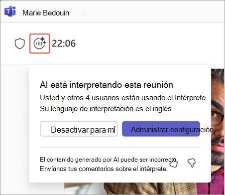 Captura de pantalla que resalta el indicador intérprete en una reunión de Microsoft Teams.