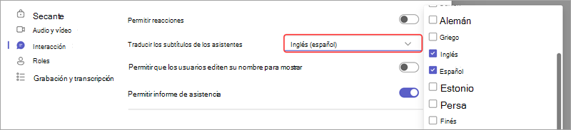 Opción de reunión que muestra cómo agregar idiomas para subtítulos traducidos en directo en un evento.