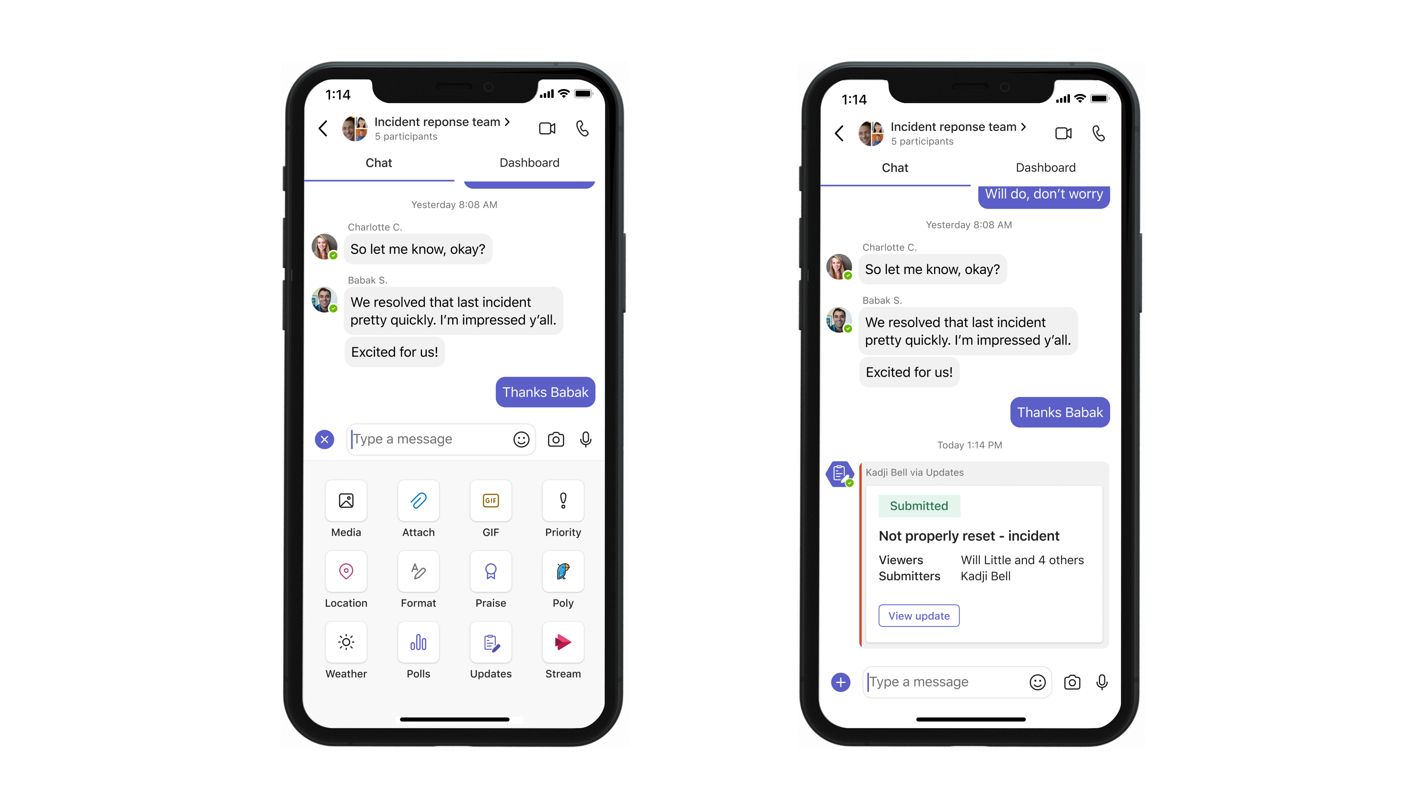 Móvil que muestra la extensión de mensajería en la aplicación Novedades en Microsoft Teams