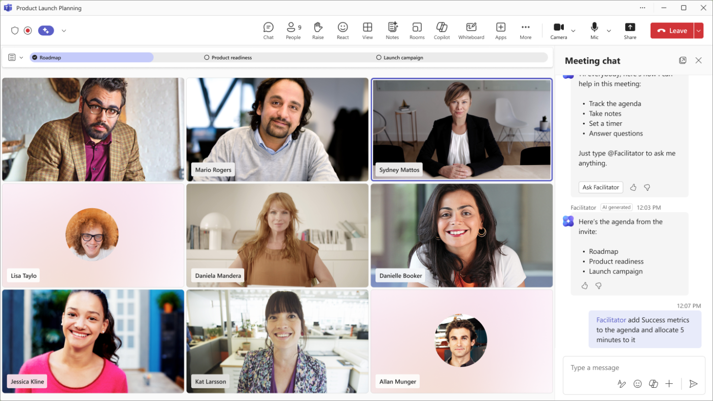 Habilidad de moderación para el agente facilitador que trabaja en una reunión de Teams.