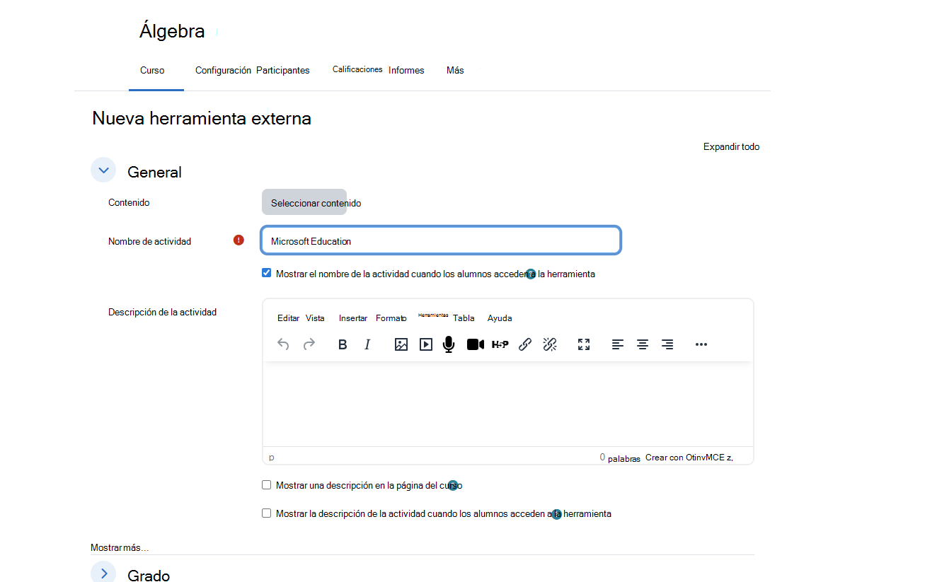 Cuadro de diálogo Nueva herramienta externa de Moodle