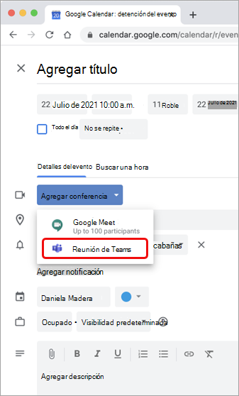 Seleccionar reunión de Teams