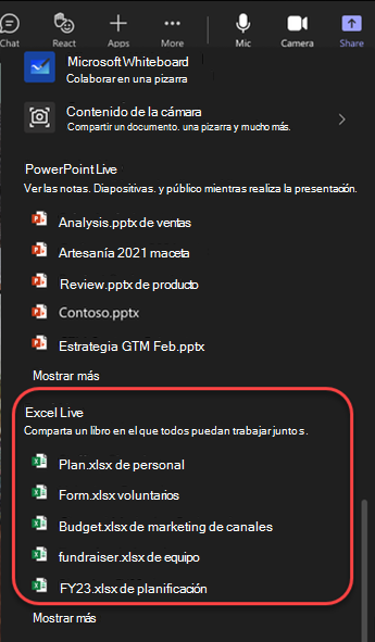 Captura de pantalla de opciones de uso compartido en las que se resaltan los archivos de Excel en la reunión de Teams.