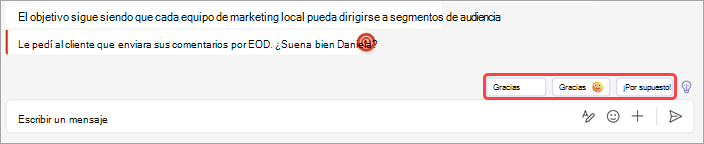 Captura de pantalla que muestra respuestas sugeridas en el chat