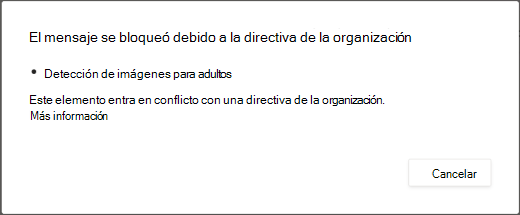 Un mensaje de diálogo explica por qué se eliminó un mensaje por contener contenido para adultos.
