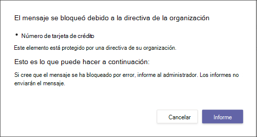 Cuadro de diálogo que explica por qué se bloqueó un mensaje y no se puede anular