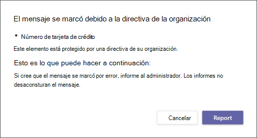Cuadro de diálogo en el que se explica por qué una directiva de prevención de pérdida de datos de una organización ha marcado un mensaje
