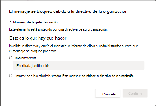 Opciones de invalidación para la directiva de prevención de pérdida de datos de la organización