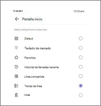 Menú para seleccionar la vista predeterminada de la pantalla principal, con las teclas de línea seleccionadas actualmente.