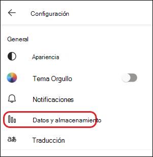Configuración de Teams para datos móviles y almacenamiento