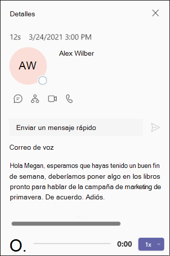 Pantalla teams, correo de voz y detalles