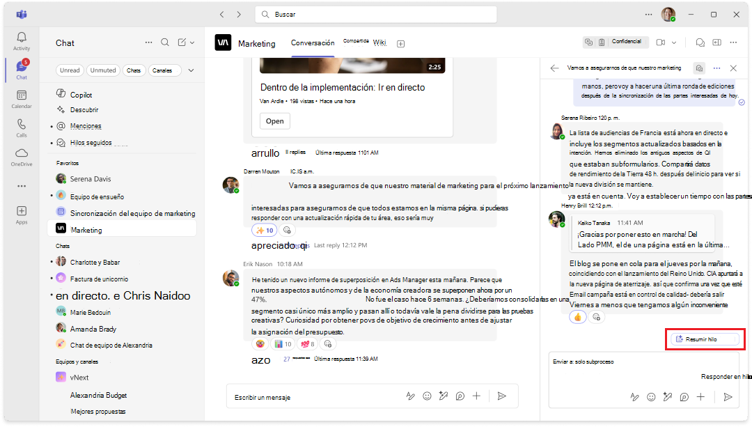 Captura de pantalla del punto de entrada secundario de un hilo de canal