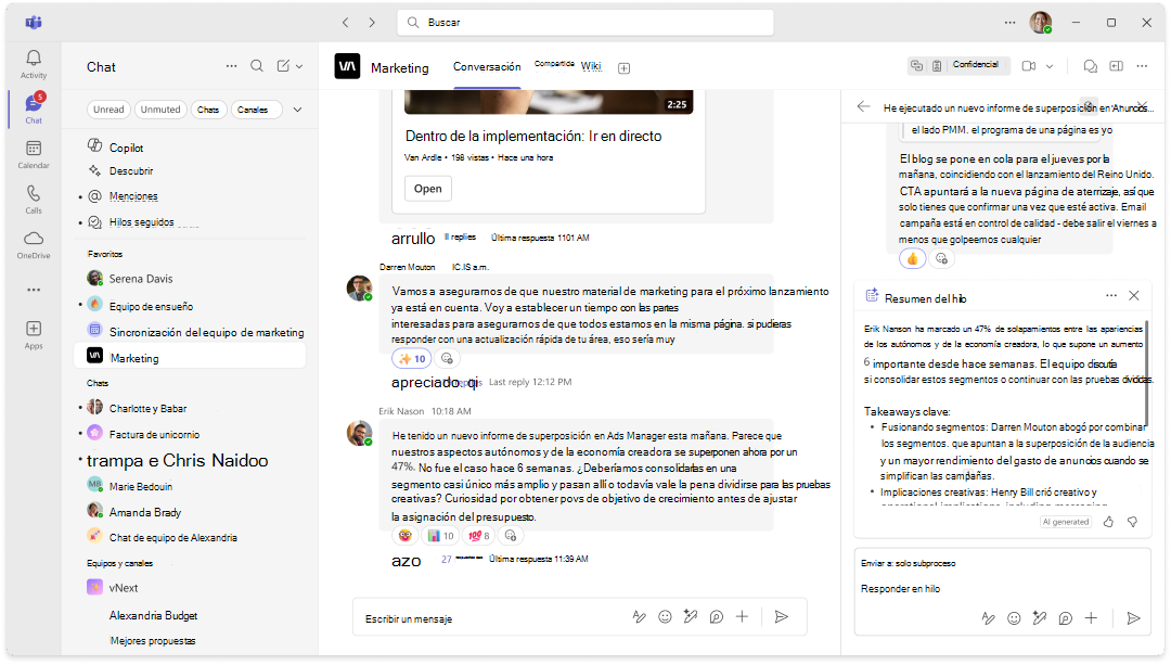 Captura de pantalla de un resumen de Copilot en una conversación de canal